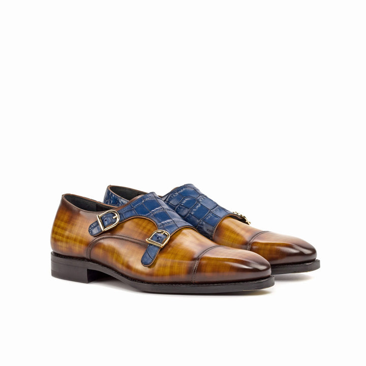 Men's Double Monk Shoes Patina Leather Goodyear Welt Brown Navy 4669 3- MERRIMIUM