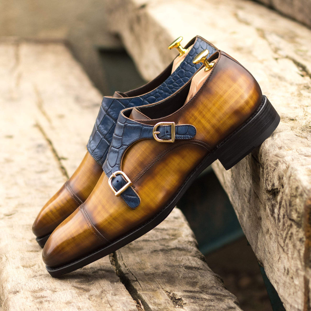 Men's Double Monk Shoes Patina Leather Goodyear Welt Brown Navy 4669 1- MERRIMIUM--GID-2573-4669