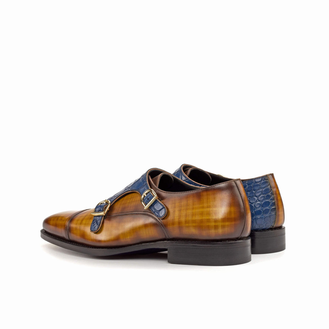 Men's Double Monk Shoes Patina Leather Goodyear Welt Brown Navy 4669 4- MERRIMIUM