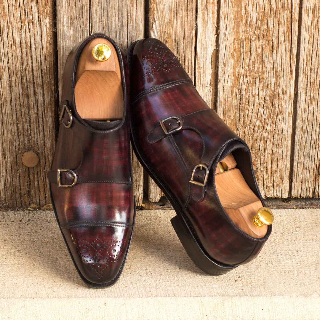 Men's Double Monk Shoes Patina Leather Goodyear Welt Burgundy 3800 1- MERRIMIUM--GID-2573-3800