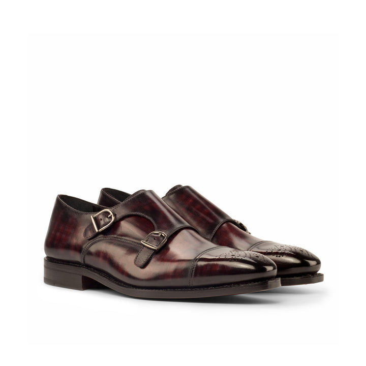 Men's Double Monk Shoes Patina Leather Goodyear Welt Burgundy 3800 3- MERRIMIUM