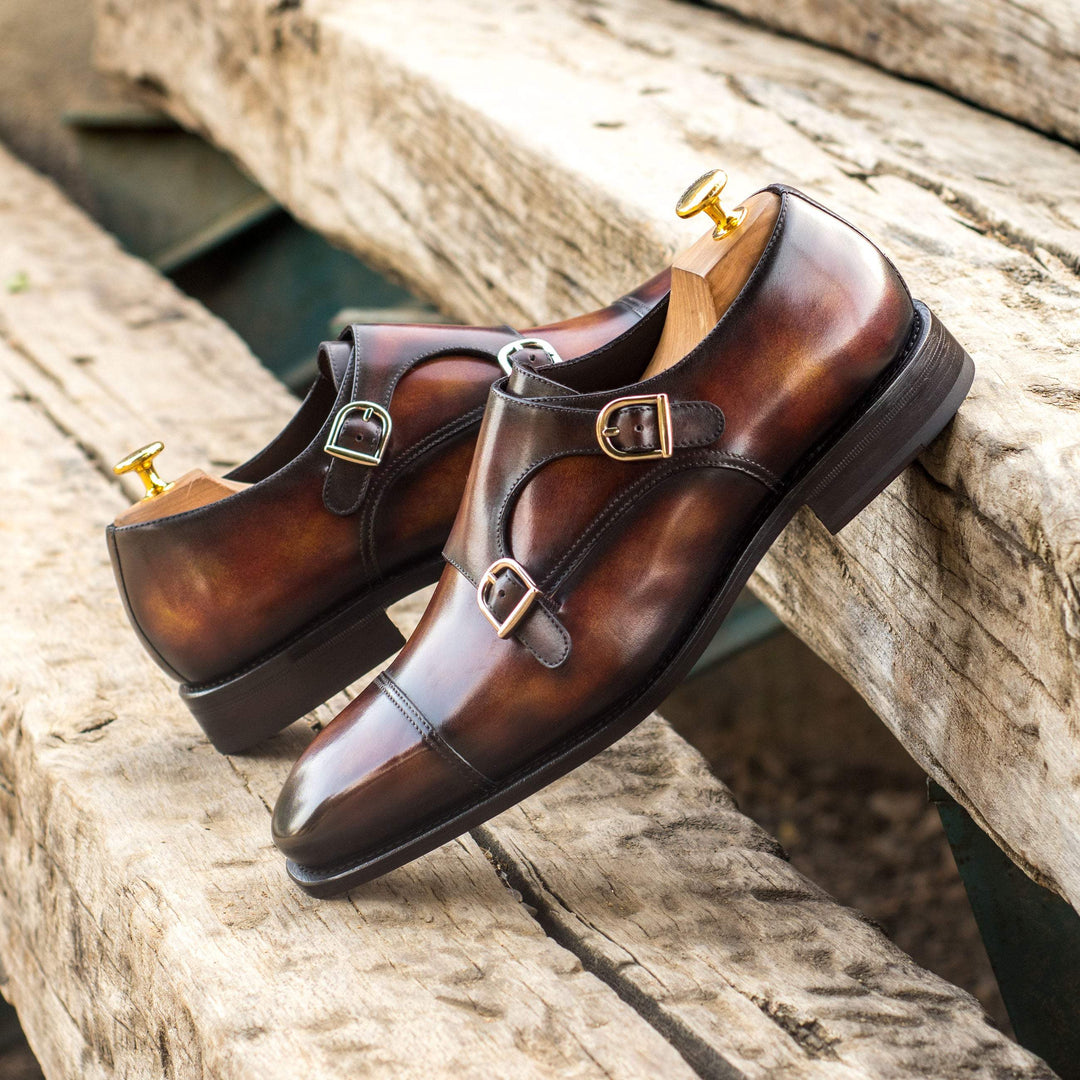 Men's Double Monk Shoes Patina Leather Goodyear Welt Burgundy 4418 1- MERRIMIUM--GID-2573-4418