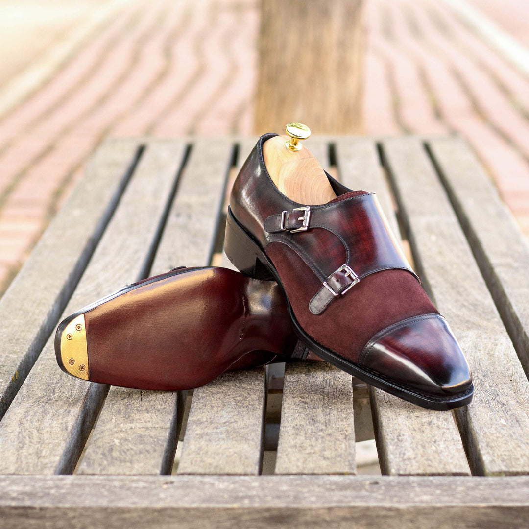 Men's Double Monk Shoes Patina Leather Goodyear Welt Burgundy 5609 1- MERRIMIUM--GID-3530-5609