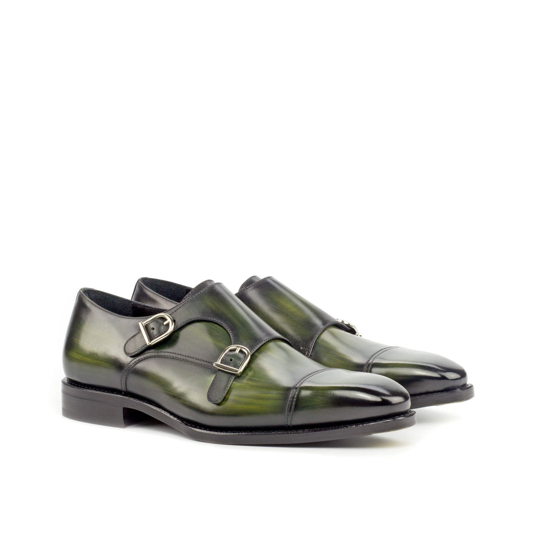 Men's Double Monk Shoes Patina Leather Goodyear Welt Green 4289 3- MERRIMIUM
