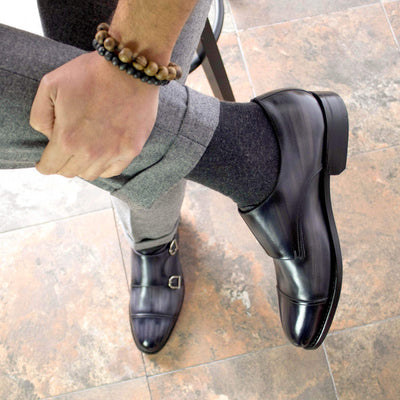Men's Double Monk Shoes Patina Leather Goodyear Welt Grey 5558 1- MERRIMIUM--GID-4321-5558