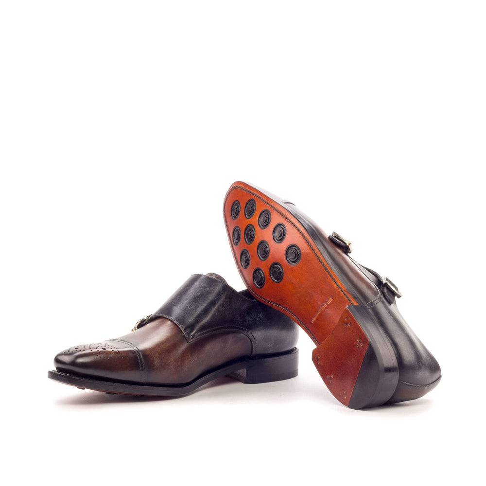Men's Double Monk Shoes Patina Leather Goodyear Welt Grey Dark Brown 3413 2- MERRIMIUM