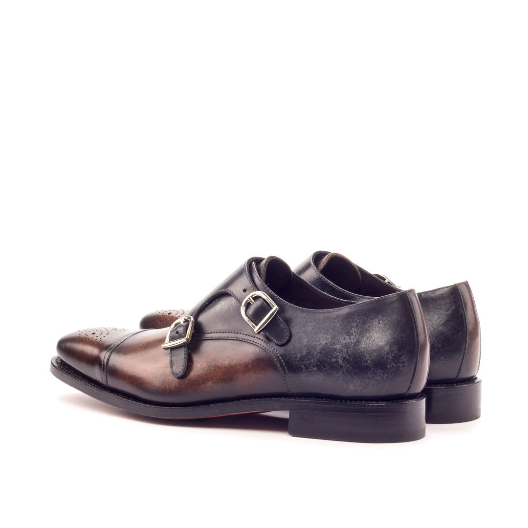 Men's Double Monk Shoes Patina Leather Goodyear Welt Grey Dark Brown 3413 4- MERRIMIUM
