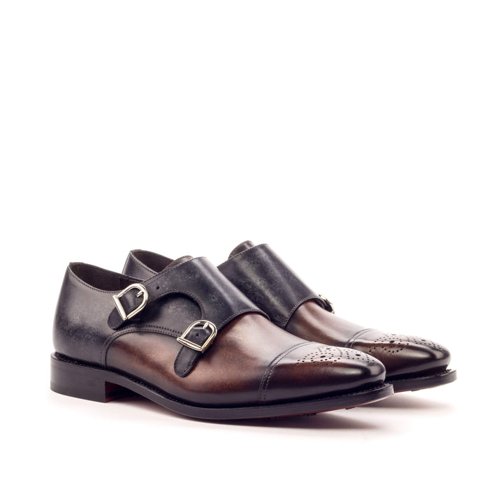 Men's Double Monk Shoes Patina Leather Goodyear Welt Grey Dark Brown 3413 3- MERRIMIUM