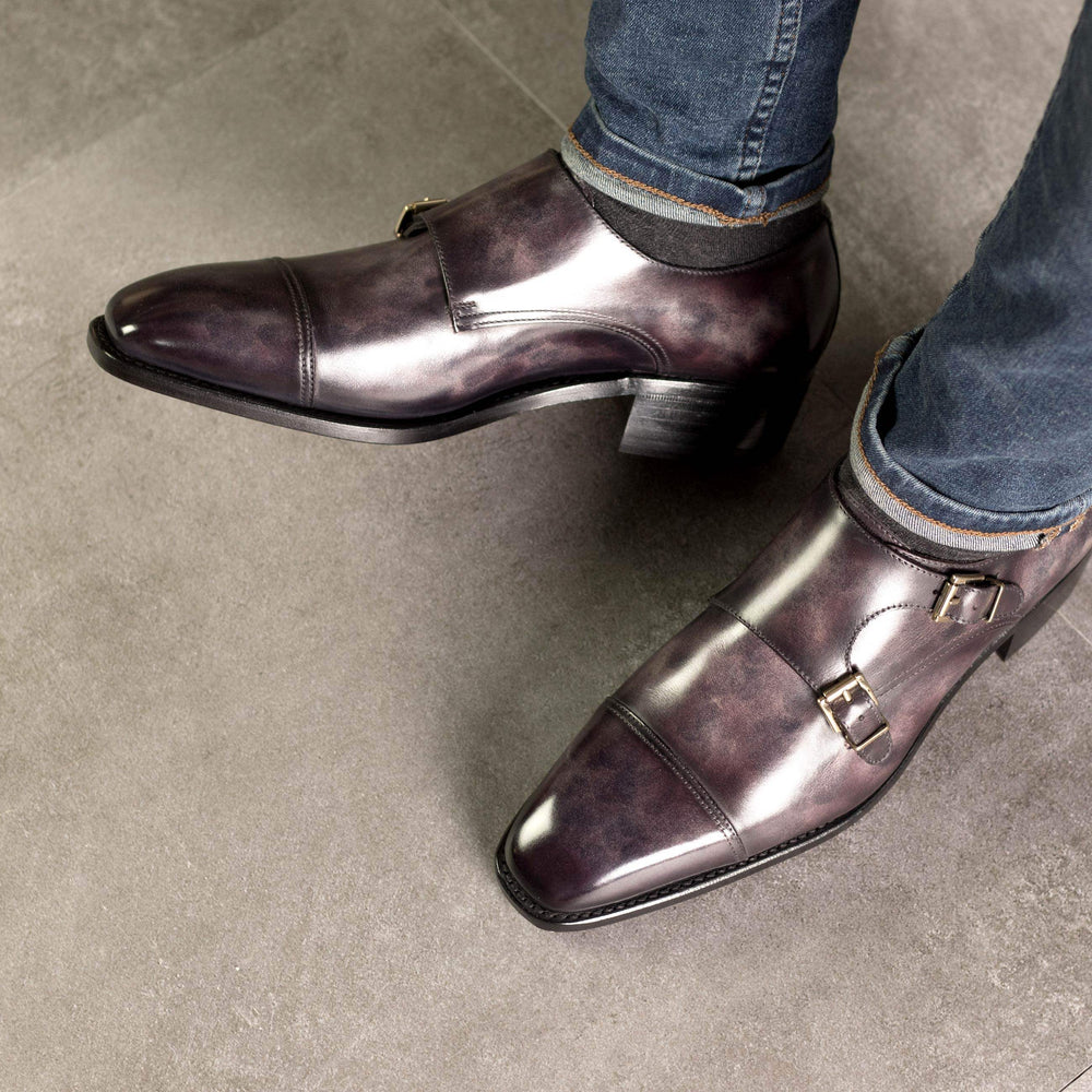 Men's Double Monk Shoes Patina Leather Goodyear Welt Violet 5272 2- MERRIMIUM
