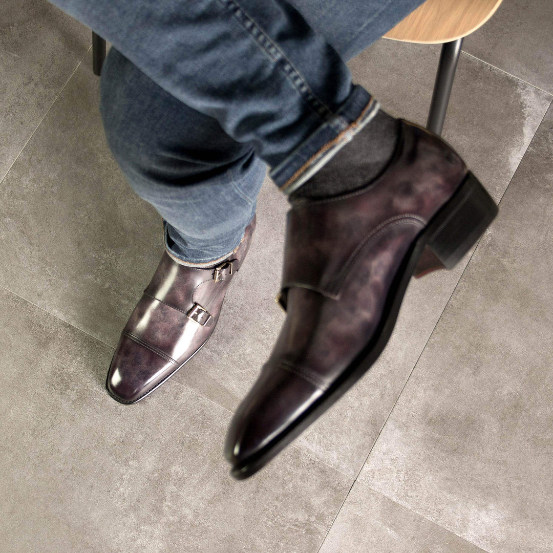 Men's Double Monk Shoes Patina Leather Goodyear Welt Violet 5272 5- MERRIMIUM