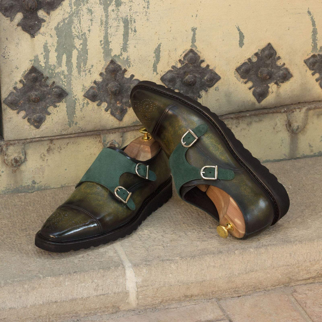 Men's Double Monk Shoes Patina Leather Green 2942 1- MERRIMIUM--GID-1543-2942