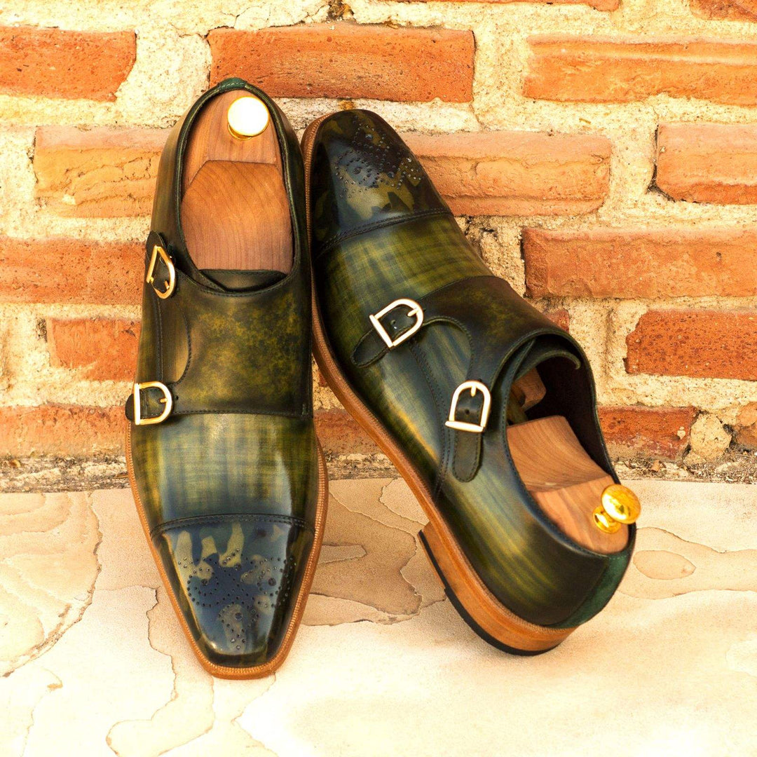 Men's Double Monk Shoes Patina Leather Green 3615 1- MERRIMIUM--GID-1543-3615