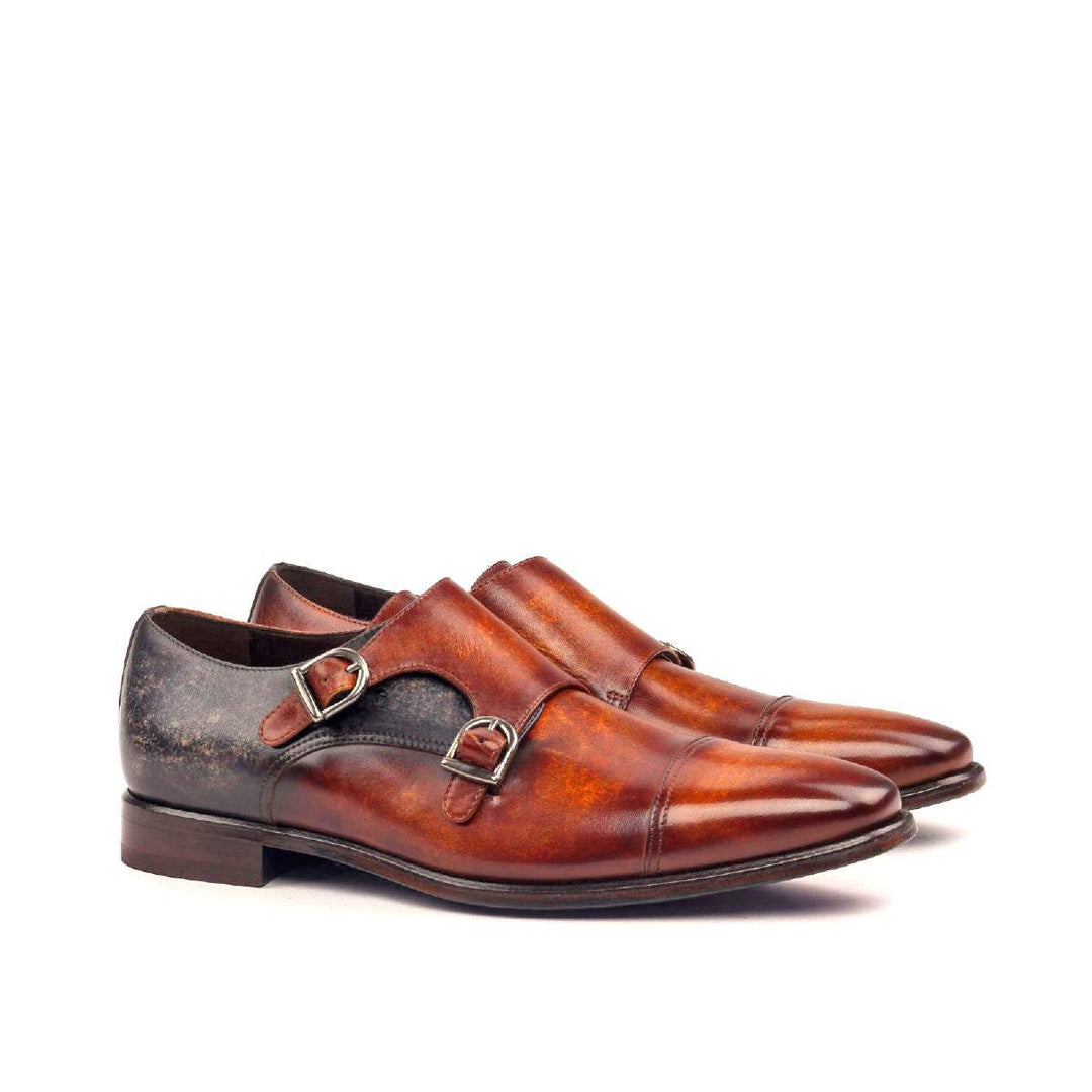 Men's Double Monk Shoes Patina Leather Grey Brown 2493 3- MERRIMIUM