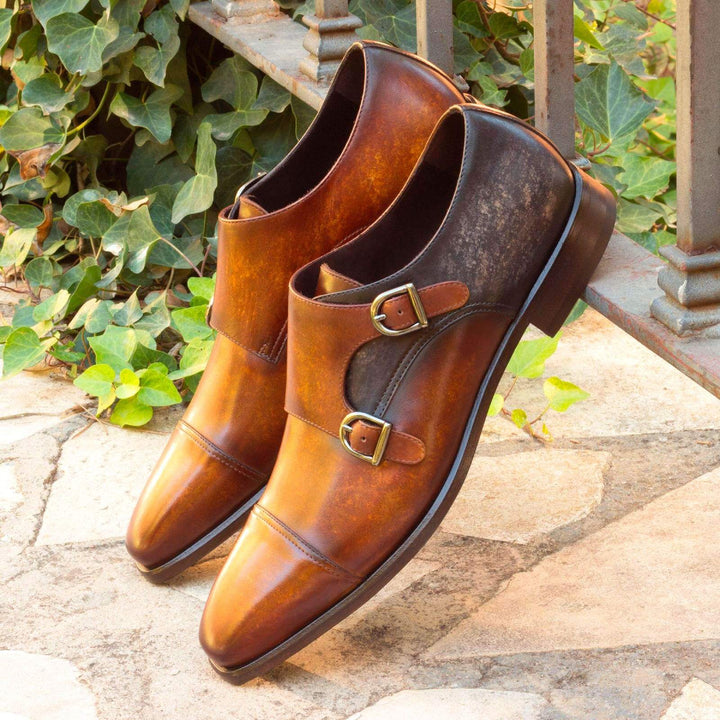 Men's Double Monk Shoes Patina Leather Grey Brown 2493 1- MERRIMIUM--GID-1543-2493