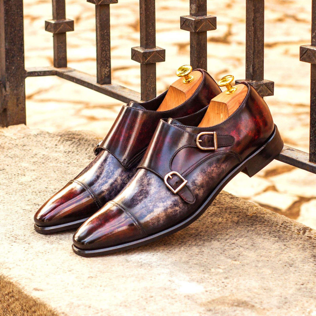 Men's Double Monk Shoes Patina Leather Grey Burgundy 3705 1- MERRIMIUM--GID-1543-3705