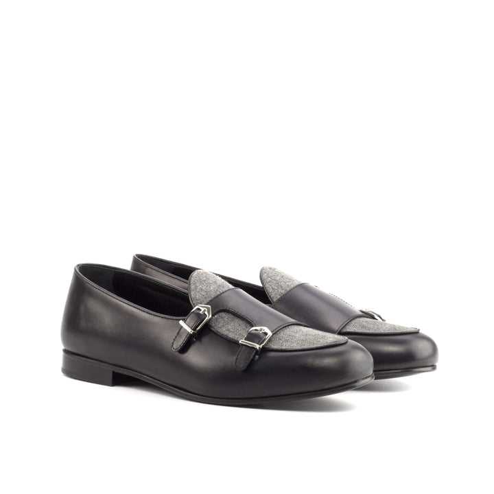 Men's Double Monk Slippers Leather Grey Black 4262 4- MERRIMIUM