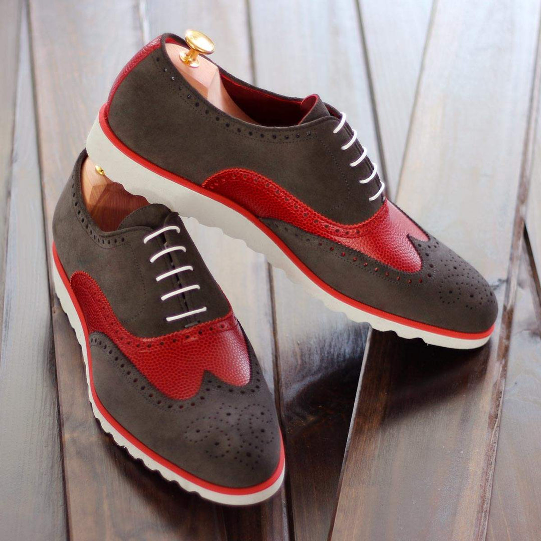 Men's Full Brogue Shoes Leather Grey Red 1883 1- MERRIMIUM--GID-1369-1883