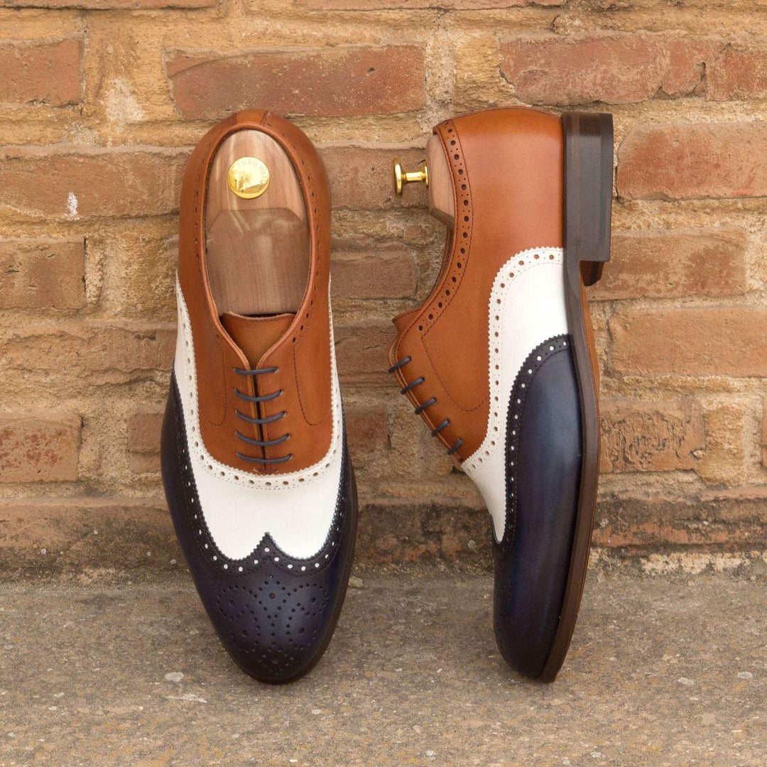 Men's Full Brogue Shoes Leather White Brown 2652 1- MERRIMIUM--GID-1369-2652