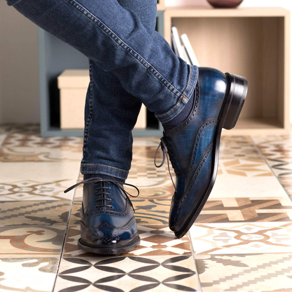 Men's Full Brogue Shoes Patina Leather Goodyear Welt Blue 5489 2- MERRIMIUM