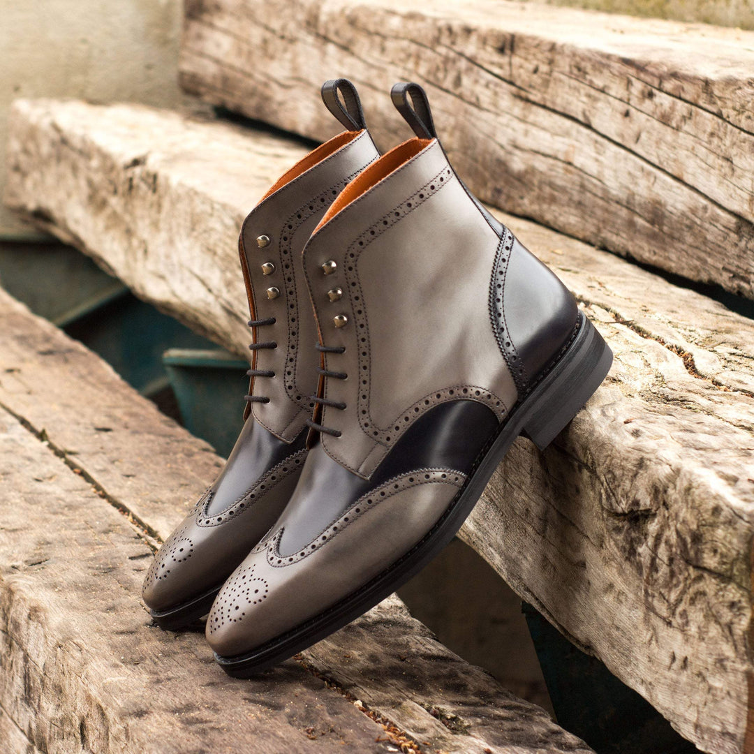 Men's Military Brogue Boots Leather Goodyear Welt Grey Black 3957 1- MERRIMIUM