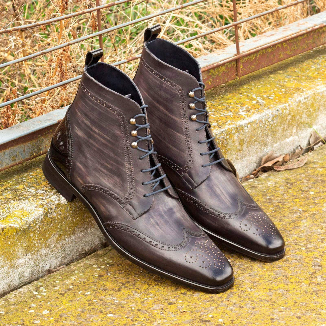 Men's Military Brogue Boots Patina Leather Black Grey 2615 1- MERRIMIUM