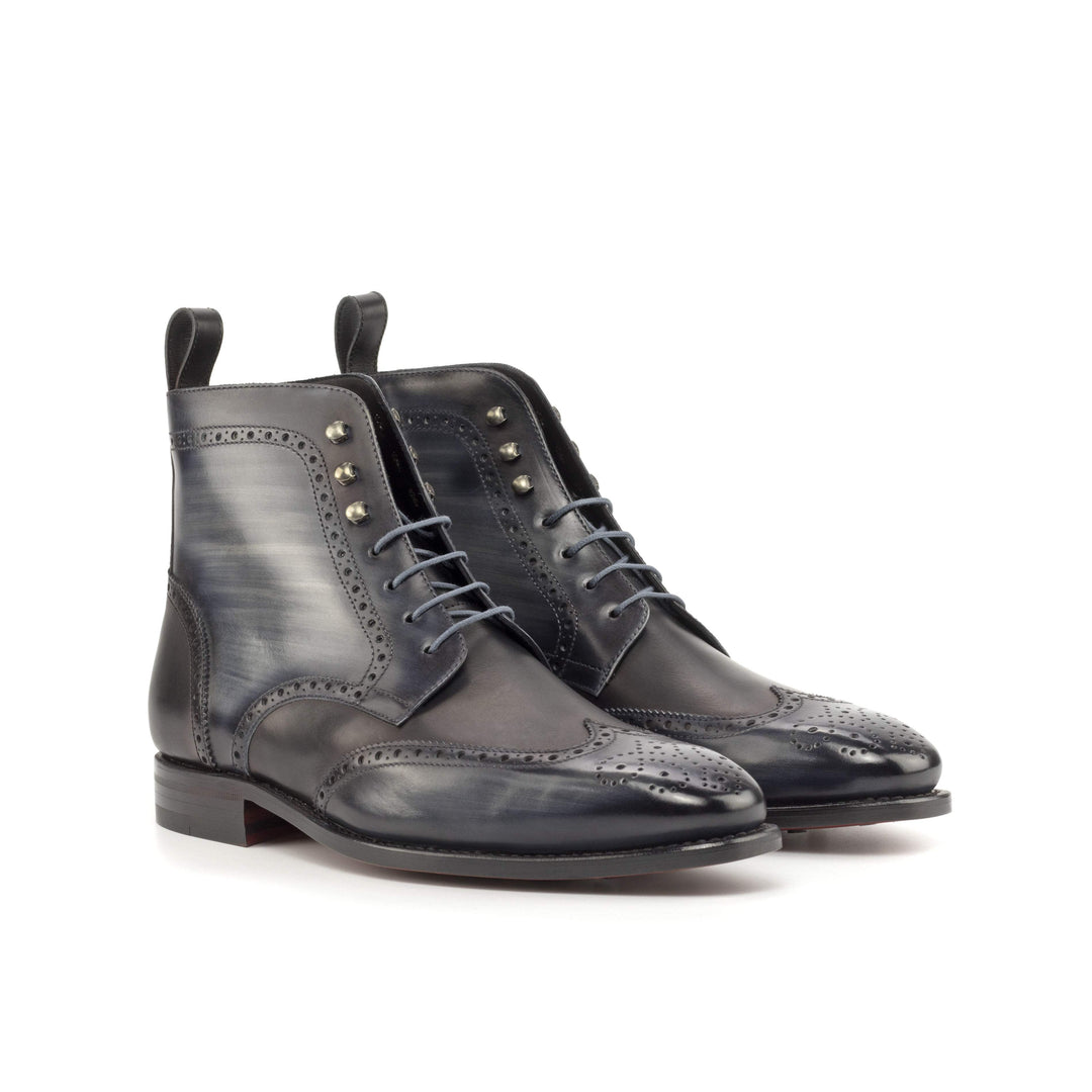 Men's Military Brogue Boots Patina Leather Goodyear Welt Black Grey 4845 3- MERRIMIUM