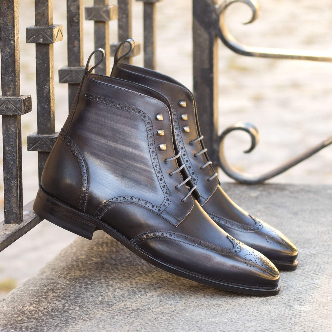 Men's Military Brogue Boots Patina Leather Goodyear Welt Black Grey 4845 1- MERRIMIUM