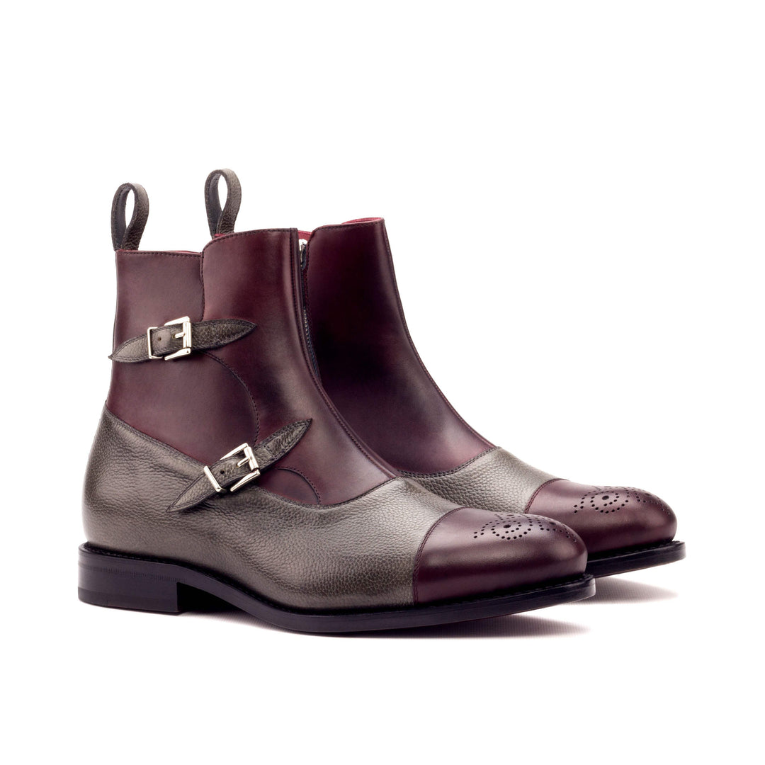 Men's Octavian Buckle Boots Leather Goodyear Welt Burgundy Grey 3258 3- MERRIMIUM