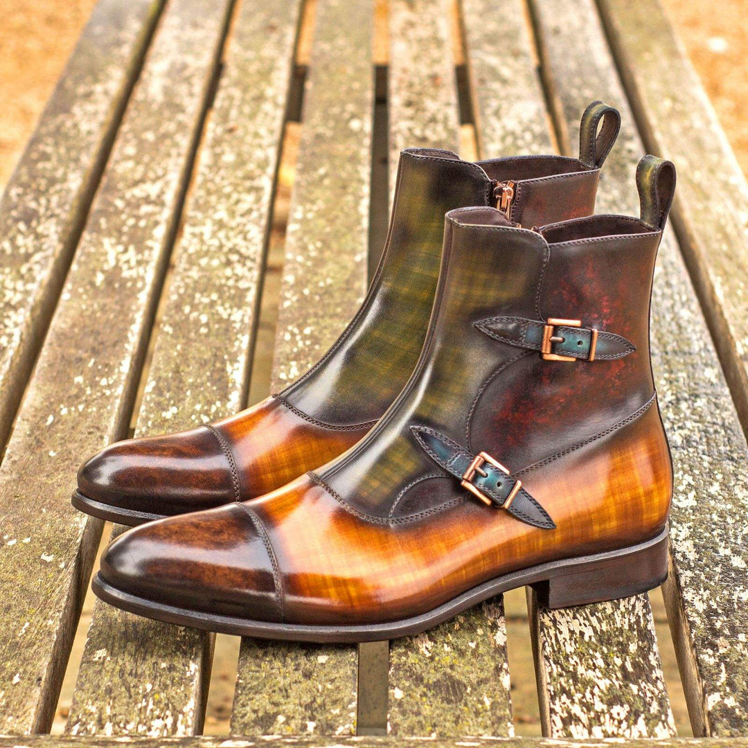 Men's Octavian Buckle Boots Patina Leather Brown Green 3959 1- MERRIMIUM--GID-2299-3959