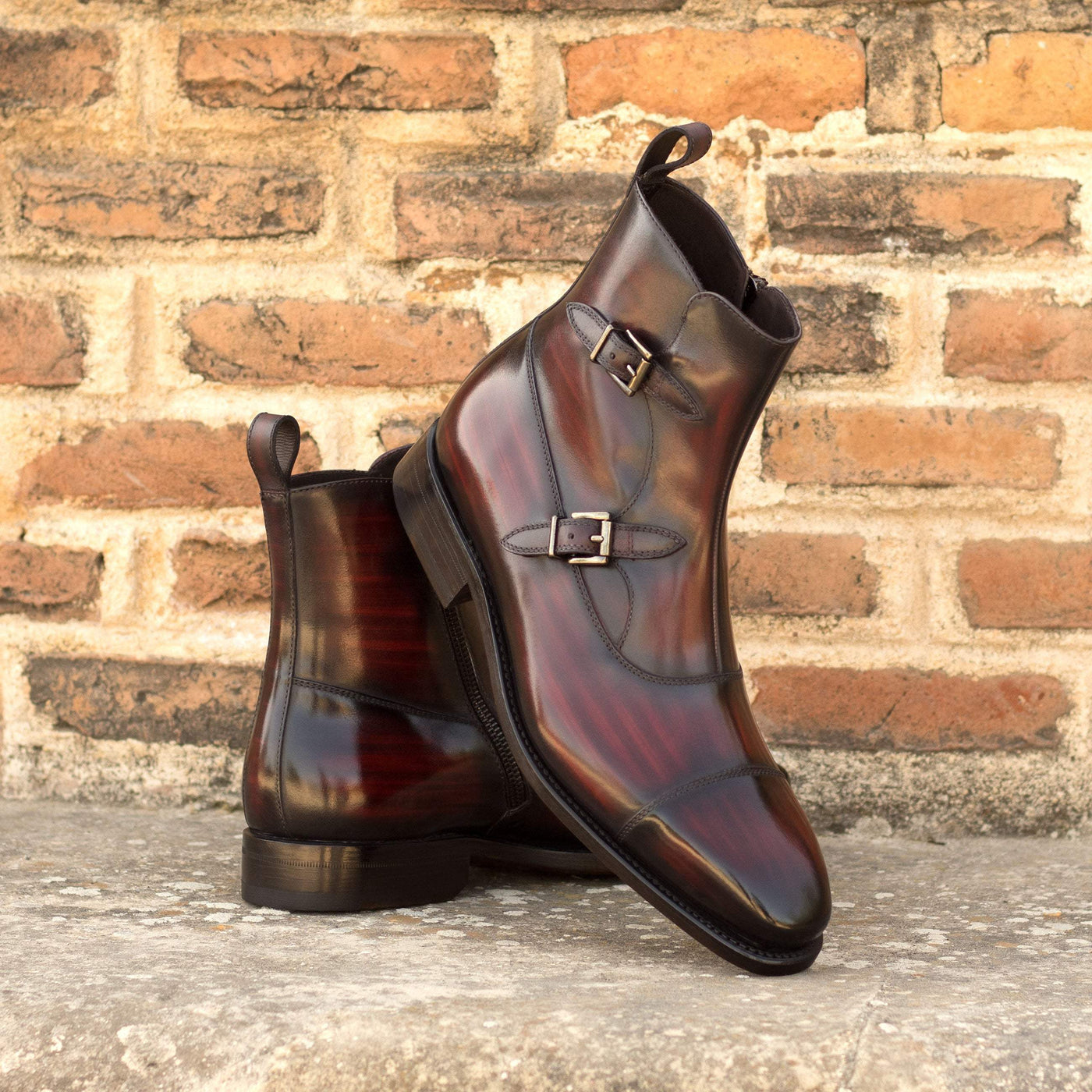 Men's Octavian Buckle Boots Patina Leather Goodyear Welt Burgundy 5453 1- MERRIMIUM--GID-2633-5453