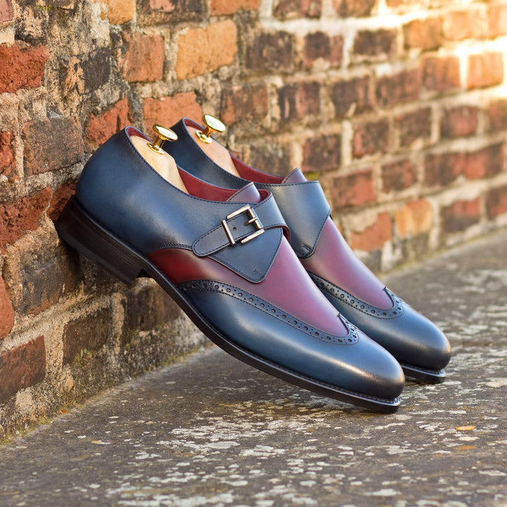 Men's Single Monk Shoes Leather Goodyear Welt Blue Burgundy 5276 1- MERRIMIUM--GID-2471-5276