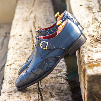 Men's Single Monk Shoes Leather Goodyear Welt Blue Navy 4806 1- MERRIMIUM--GID-2472-4806