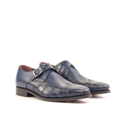 Men's Single Monk Shoes Leather Goodyear Welt Blue Navy 4806 3- MERRIMIUM
