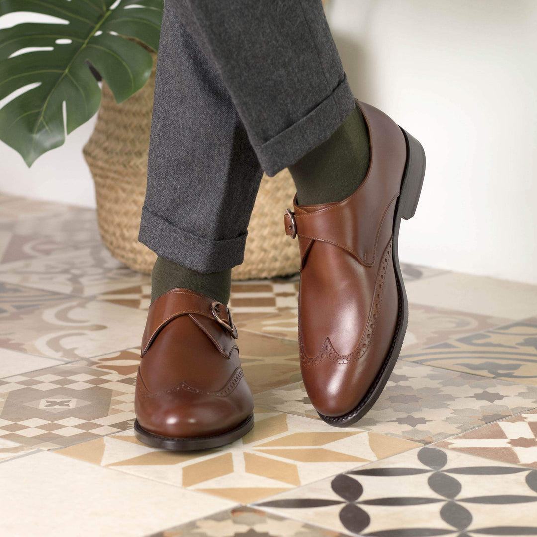 Men's Single Monk Shoes Leather Goodyear Welt Brown 5639 1- MERRIMIUM--GID-4297-5639