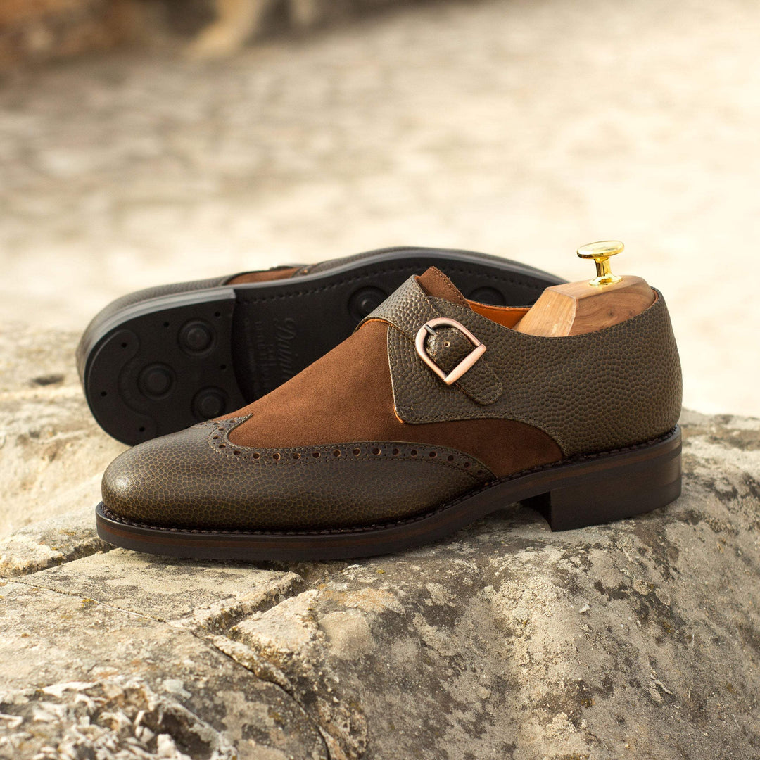 Men's Single Monk Shoes Leather Goodyear Welt Brown Green 4022 1- MERRIMIUM--GID-2469-4022