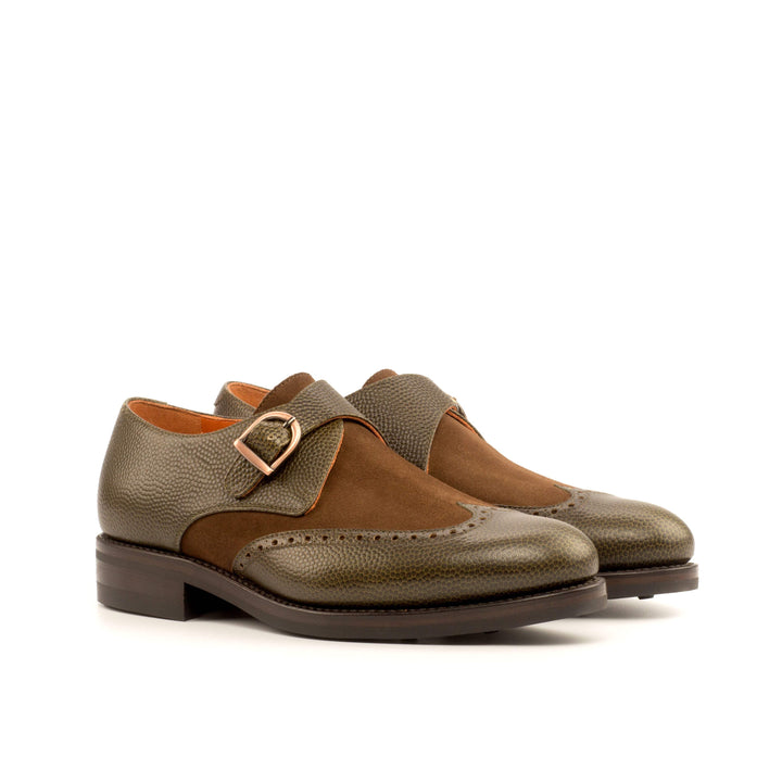 Men's Single Monk Shoes Leather Goodyear Welt Brown Green 4022 3- MERRIMIUM
