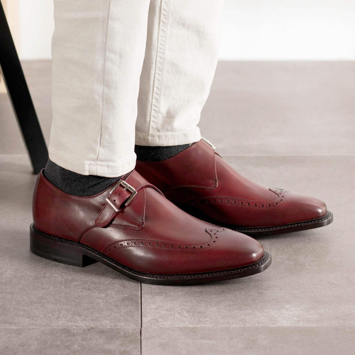 Men's Single Monk Shoes Leather Goodyear Welt Burgundy 5591 5- MERRIMIUM