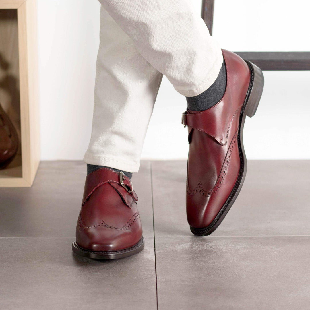 Men's Single Monk Shoes Leather Goodyear Welt Burgundy 5591 1- MERRIMIUM--GID-4298-5591