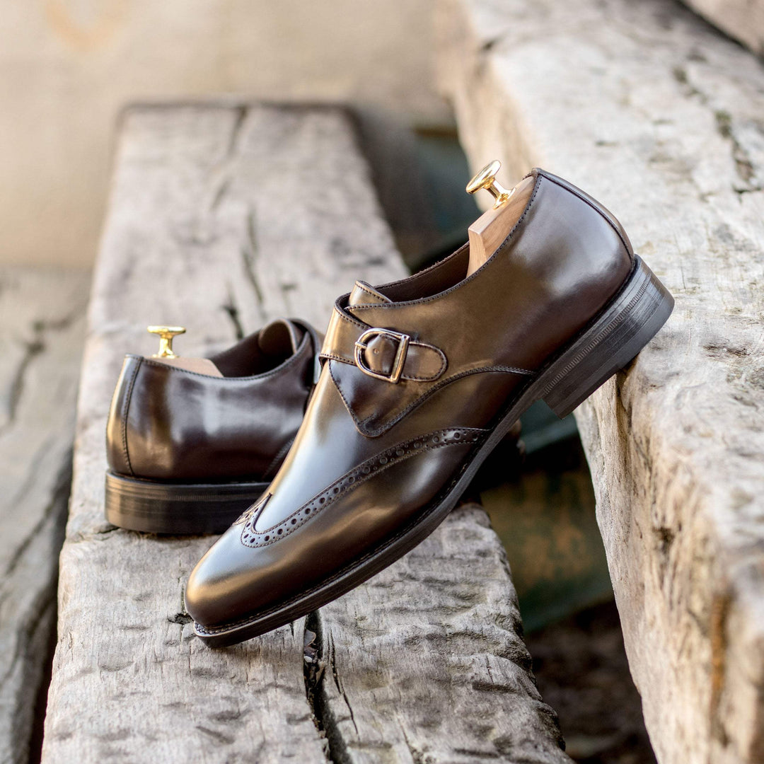 Men's Single Monk Shoes Leather Goodyear Welt Dark Brown 4969 1- MERRIMIUM--GID-3405-4969