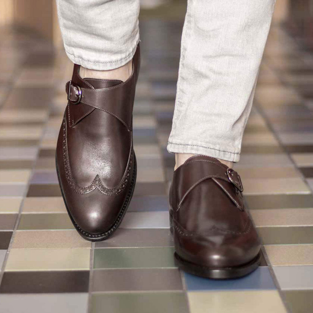 Men's Single Monk Shoes Leather Goodyear Welt Dark Brown 5019 1- MERRIMIUM--GID-4297-5019