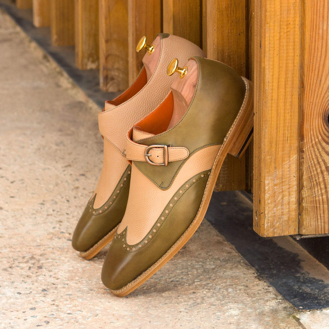 Men's Single Monk Shoes Leather Goodyear Welt Green White 3335 1- MERRIMIUM--GID-2472-3335