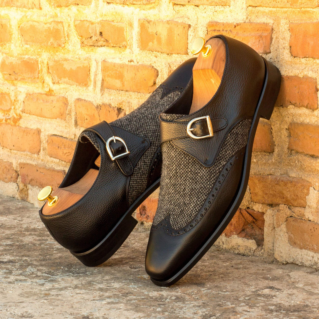 Men's Single Monk Shoes Leather Grey Black 3469 1- MERRIMIUM--GID-1382-3469