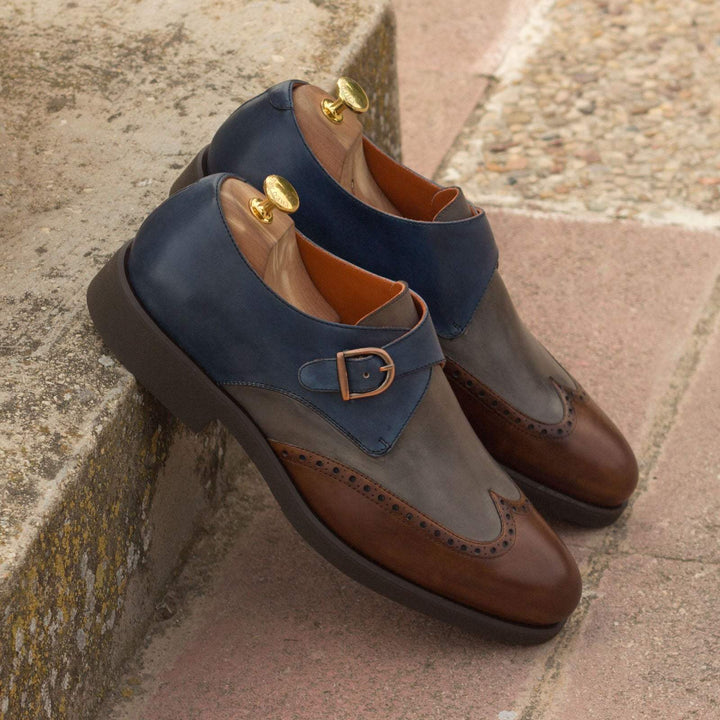 Men's Single Monk Shoes Leather Grey Brown 2881 4- MERRIMIUM