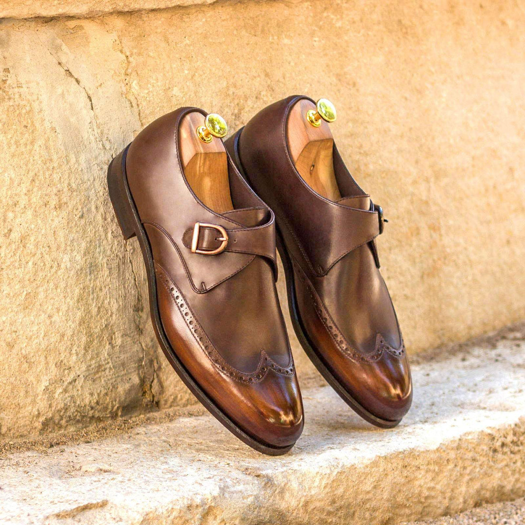 Men's Single Monk Shoes Patina Leather Dark Brown 3011 1- MERRIMIUM--GID-1563-3011