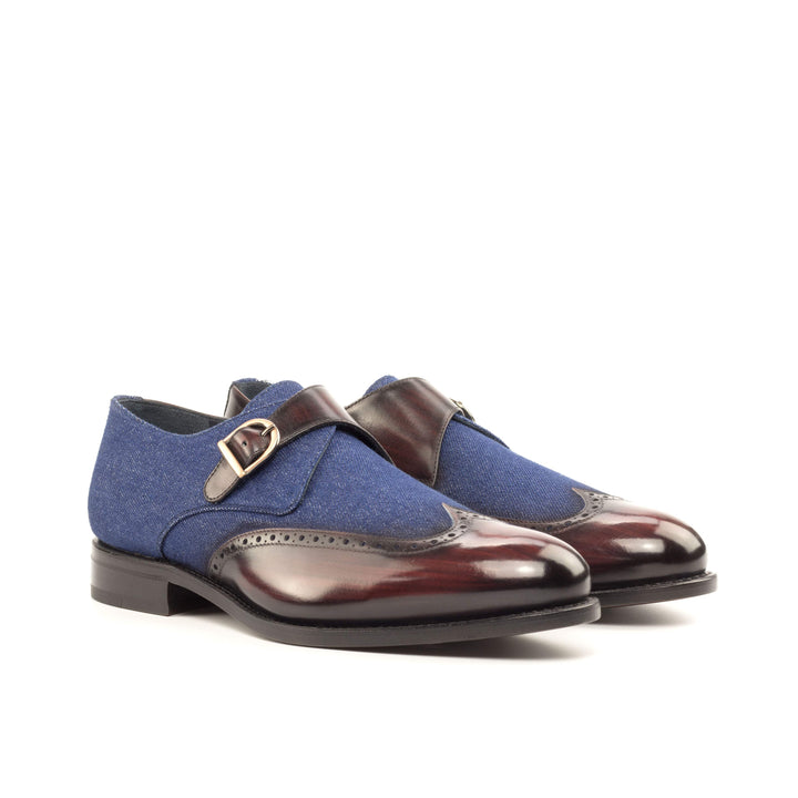 Men's Single Monk Shoes Patina Leather Goodyear Welt Blue Burgundy 4807 3- MERRIMIUM