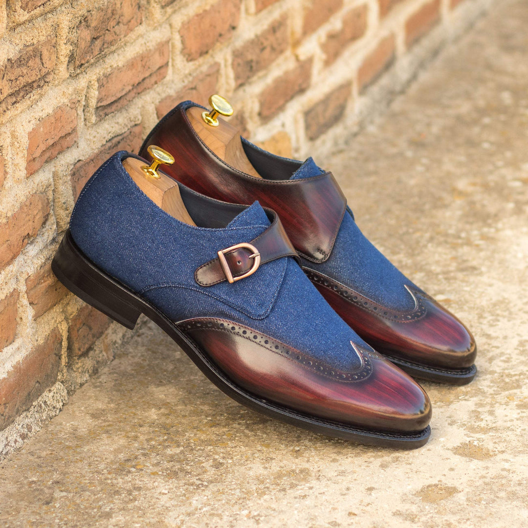 Men's Single Monk Shoes Patina Leather Goodyear Welt Blue Burgundy 4807 1- MERRIMIUM--GID-2470-4807