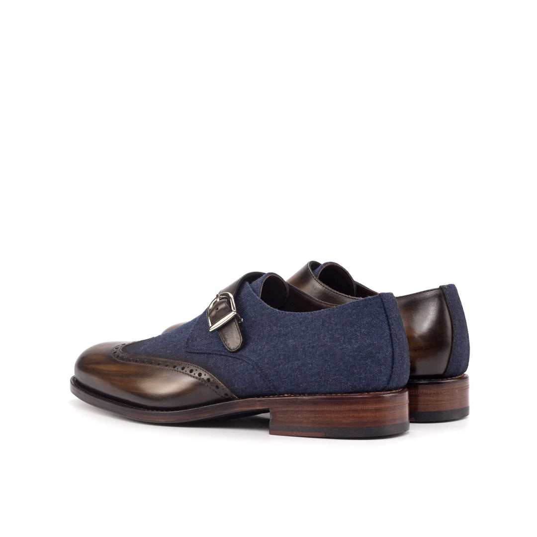 Men's Single Monk Shoes Patina Leather Goodyear Welt Blue Dark Brown 4602 4- MERRIMIUM