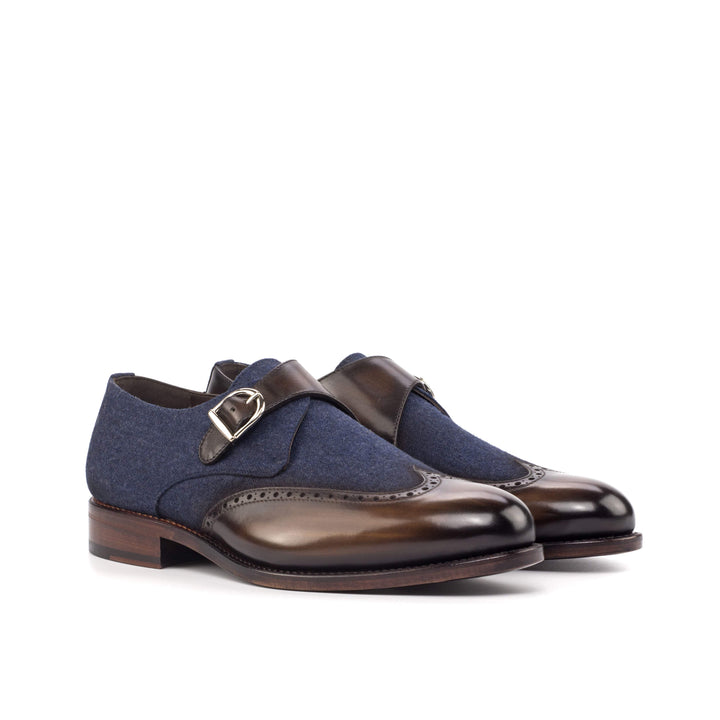 Men's Single Monk Shoes Patina Leather Goodyear Welt Blue Dark Brown 4602 3- MERRIMIUM