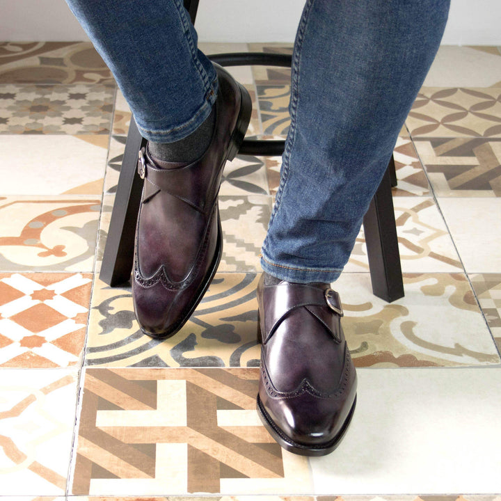Men's Single Monk Shoes Patina Leather Goodyear Welt Violet 5425 5- MERRIMIUM