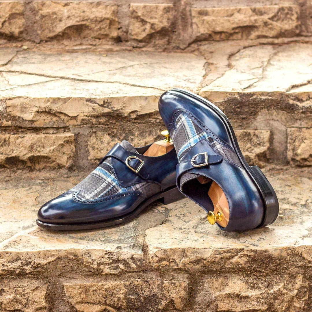 Men's Single Monk Shoes Patina Leather Grey Blue 3006 1- MERRIMIUM--GID-1563-3006